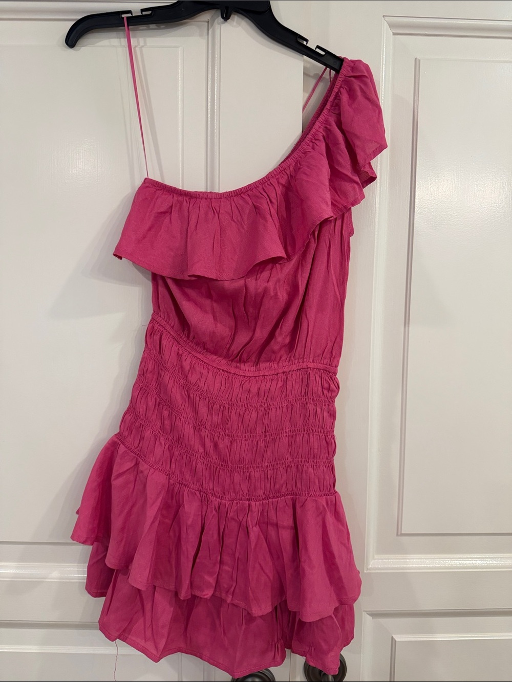 glam One-Shoulder Ruffle Mini Dress in Hot Pink